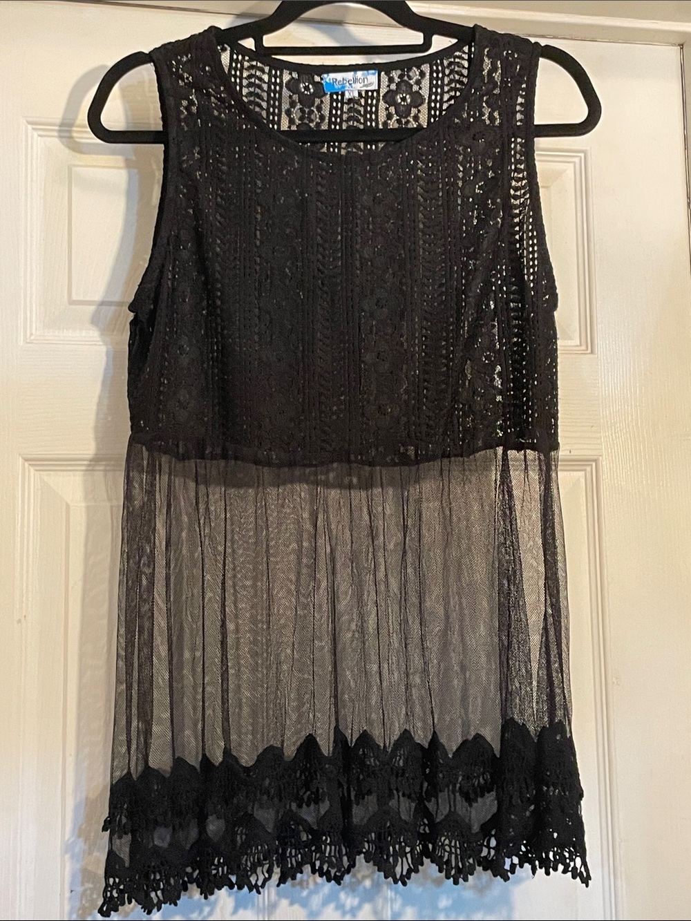 Rebellion Black Crochet Open-Knit Panel Top